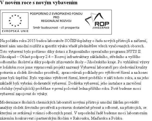 Vybavení laboratoří pro kontrolu jakosti potravin a složek životního prostředí - Střední odborná škola ekologická a potravinářská Veselí nad Lužnicí